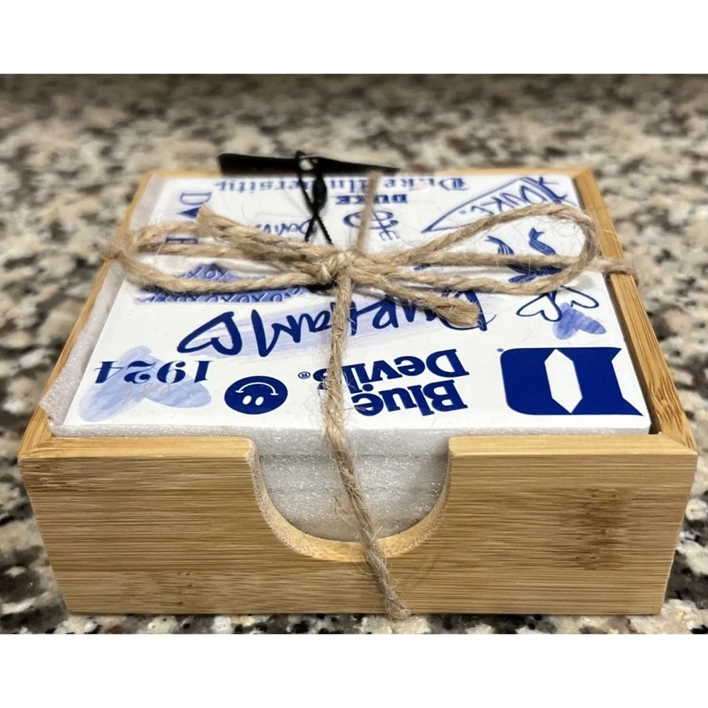 New Duke Blue Devils Slate Drink Set Of 4 Square Coasters With Wooden Holder